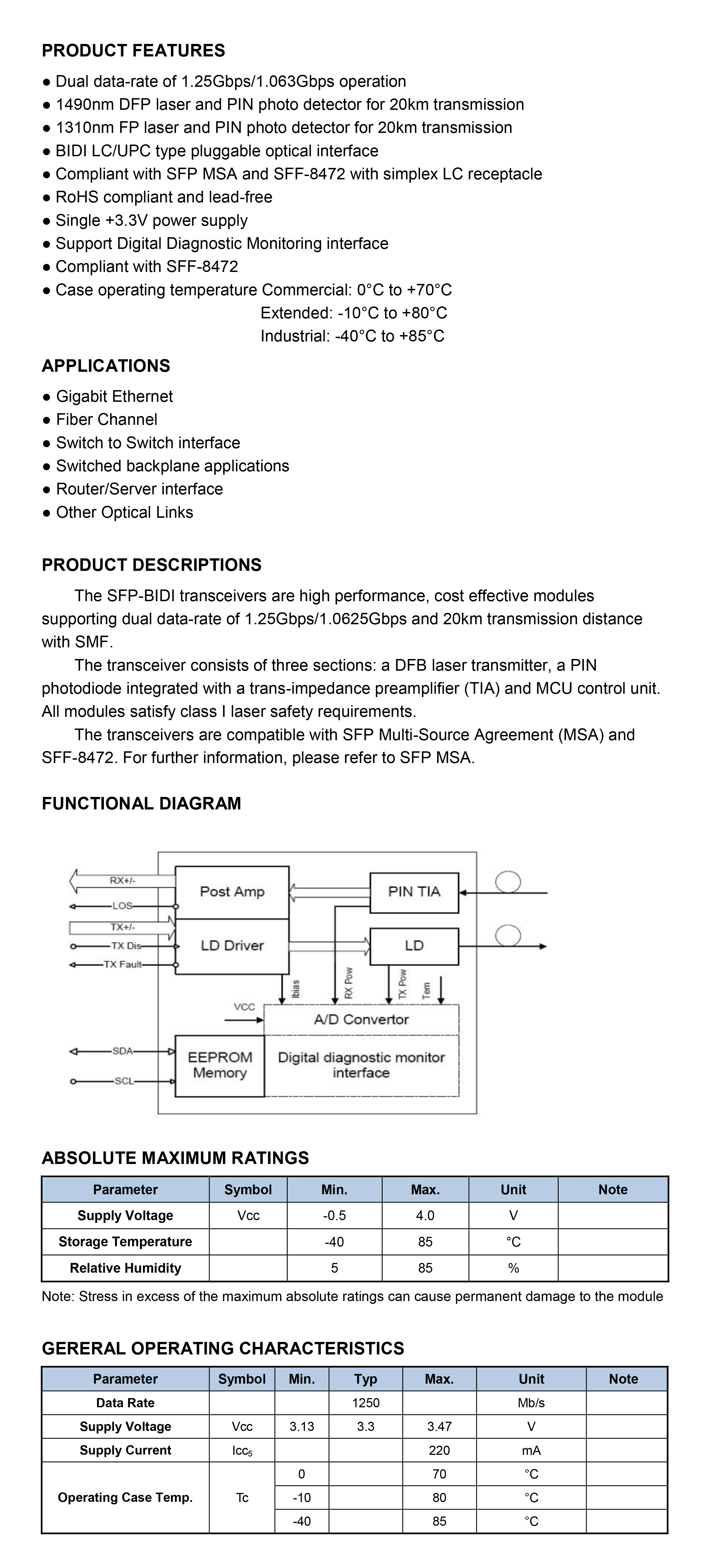 SFP-1G系列 Transceiver Modules 1埠Gigabit單芯SFP模組(1對) LY-2612T_3R
